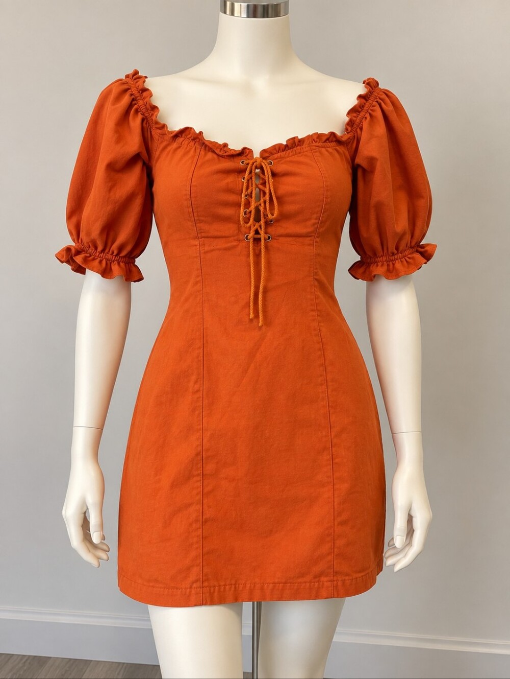 Lulu's Rust Orange Lace-Up Puff Sleeve Mini Dress